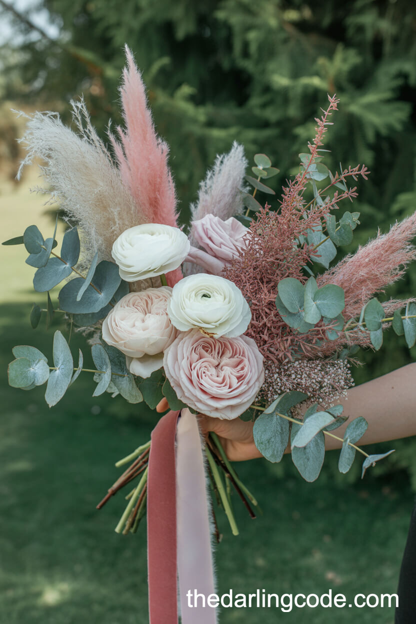 Blush Garden Rose And Pink Pampas Grass Boho Bouquet