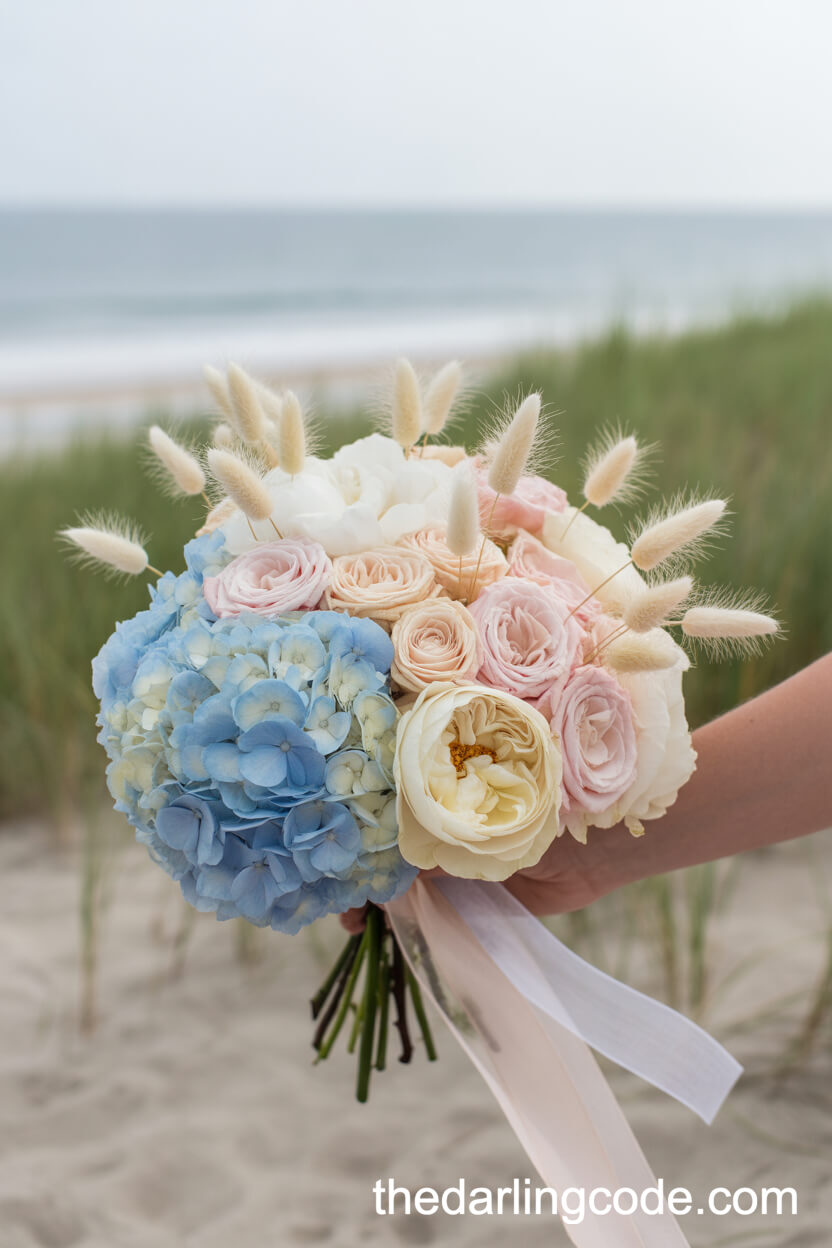 Beach-Inspired Blue Hydrangea And Bunny Tail Grass Bouquet