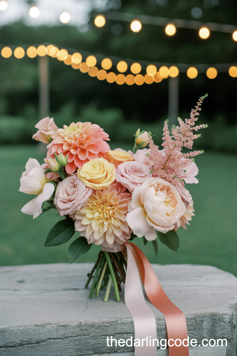 Sunset Coral Dahlia And Blush Astilbe Evening Bouquet