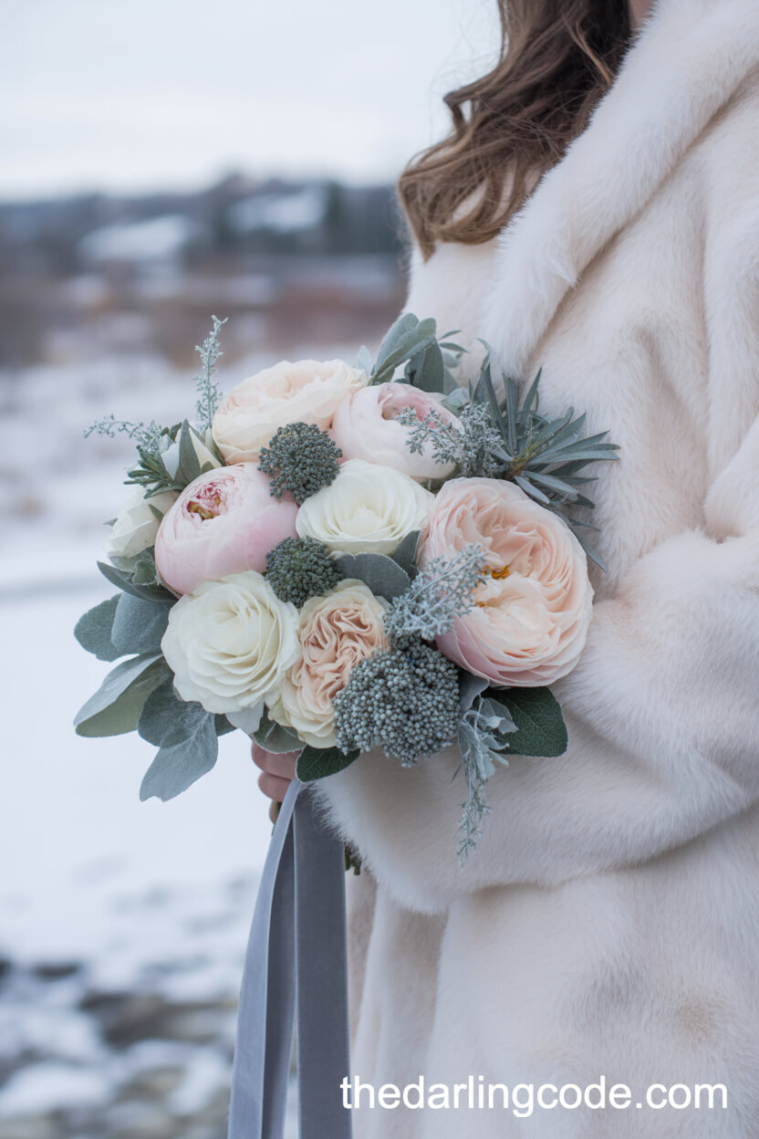 Pastel Blush Peony And Silver Brunia Winter Bridal Bouquet
