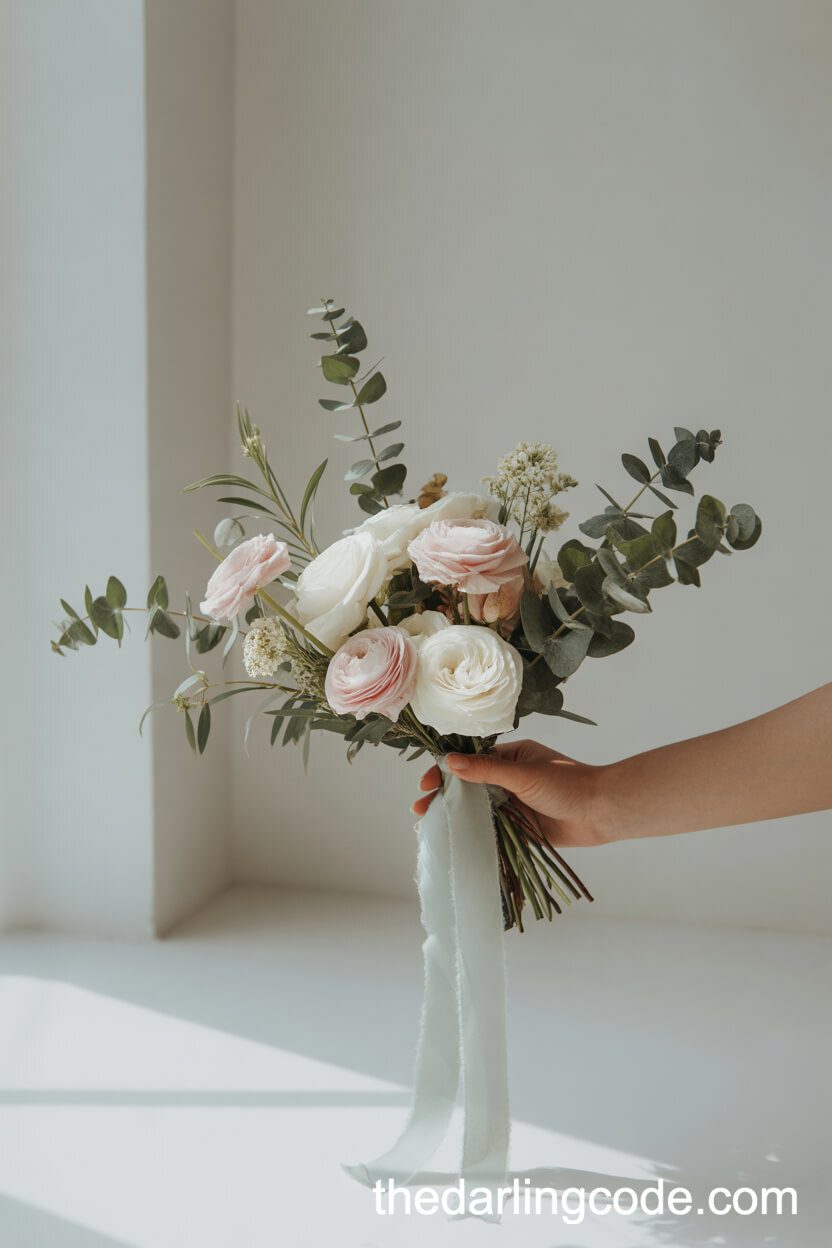 Minimalist Sage Eucalyptus And Ivory Rose Modern Bouquet