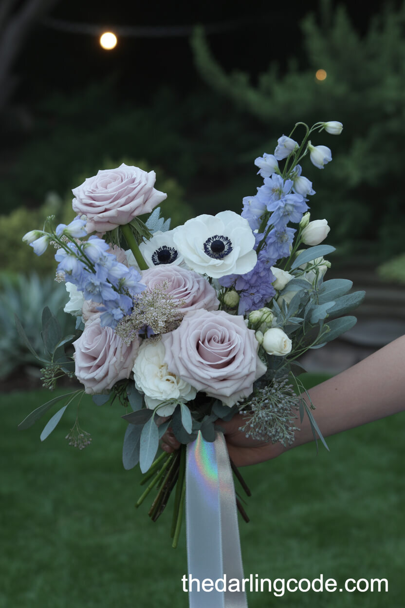 Blush Rose And Dusty Blue Delphinium Moonlit Garden Bouquet