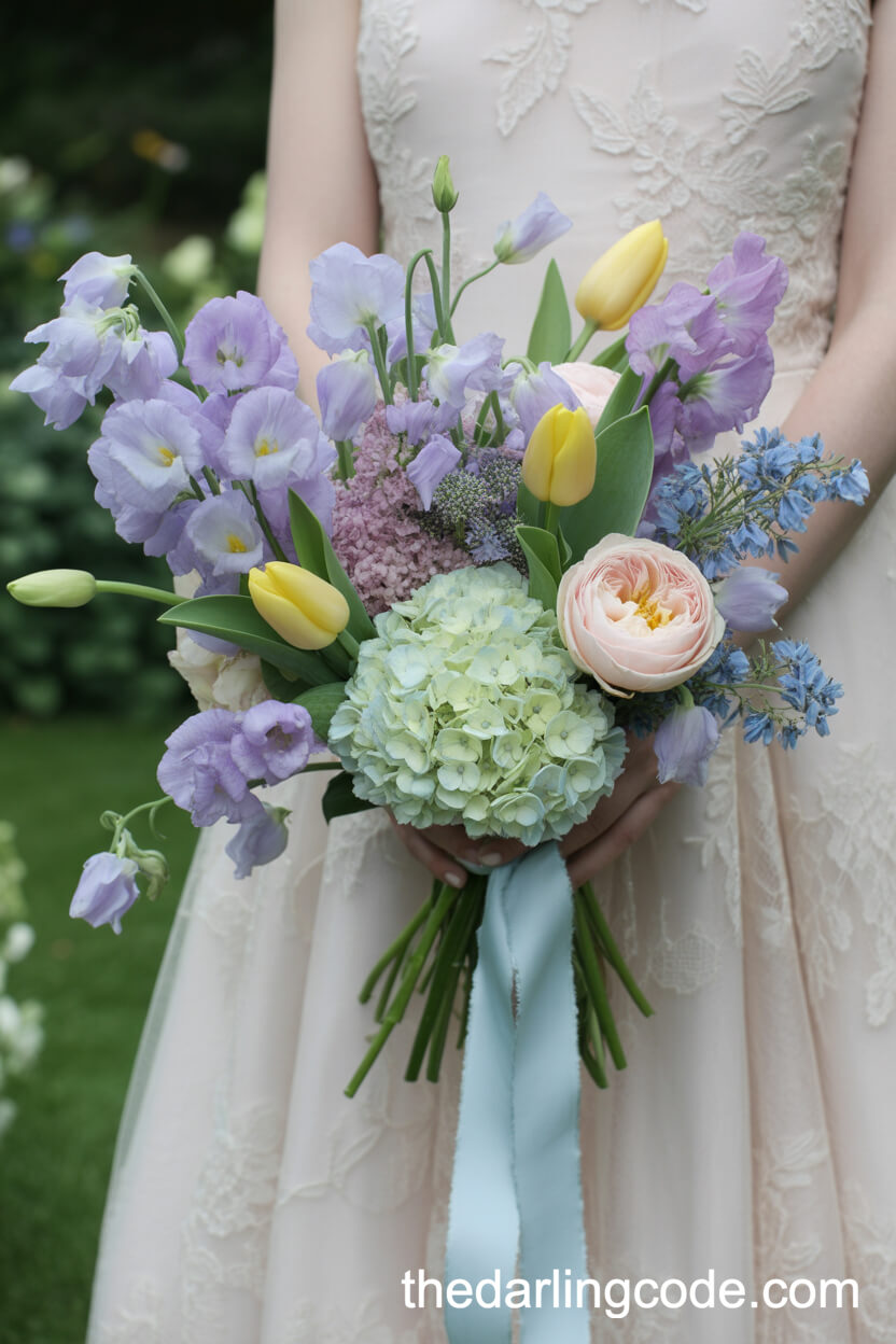 Whimsical Lavender Sweet Pea And Mint Hydrangea Bouquet