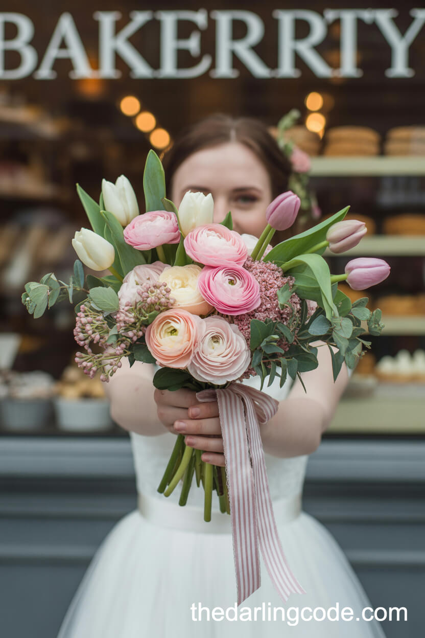 Playful Raspberry Ranunculus And Cream Tulip Bakery Bouquet