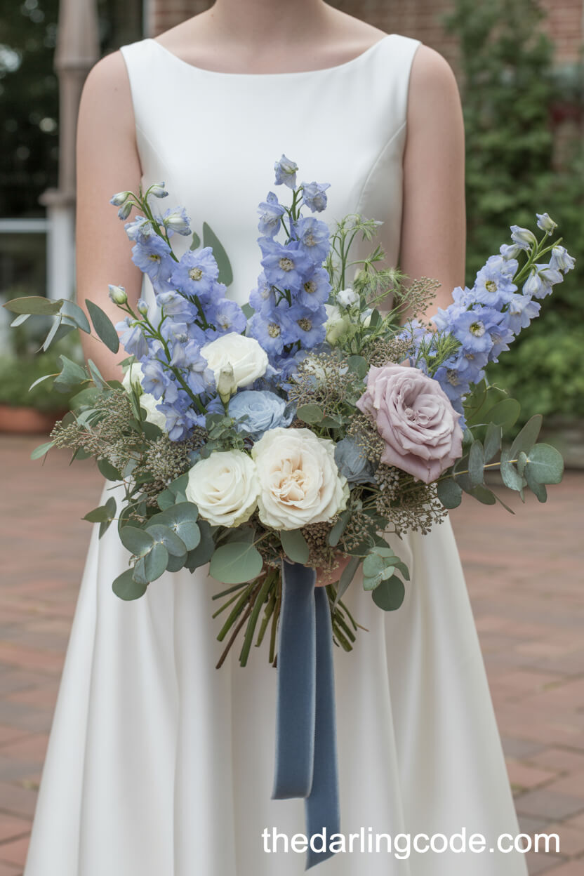 Dusty Blue Delphinium And Ivory Rose Summer Bouquet