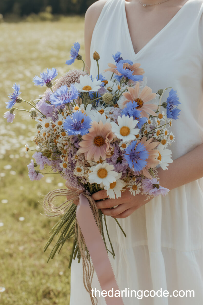 Pastel Blue Cornflower And Blush Wildflower Meadow Bouquet