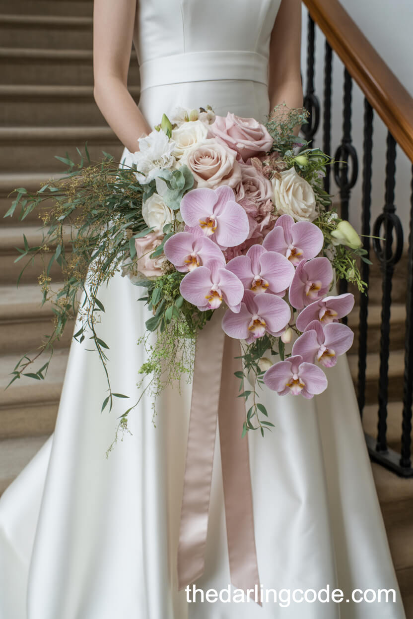 Cascading Pink Orchid And Ivory Rose Staircase Bouquet