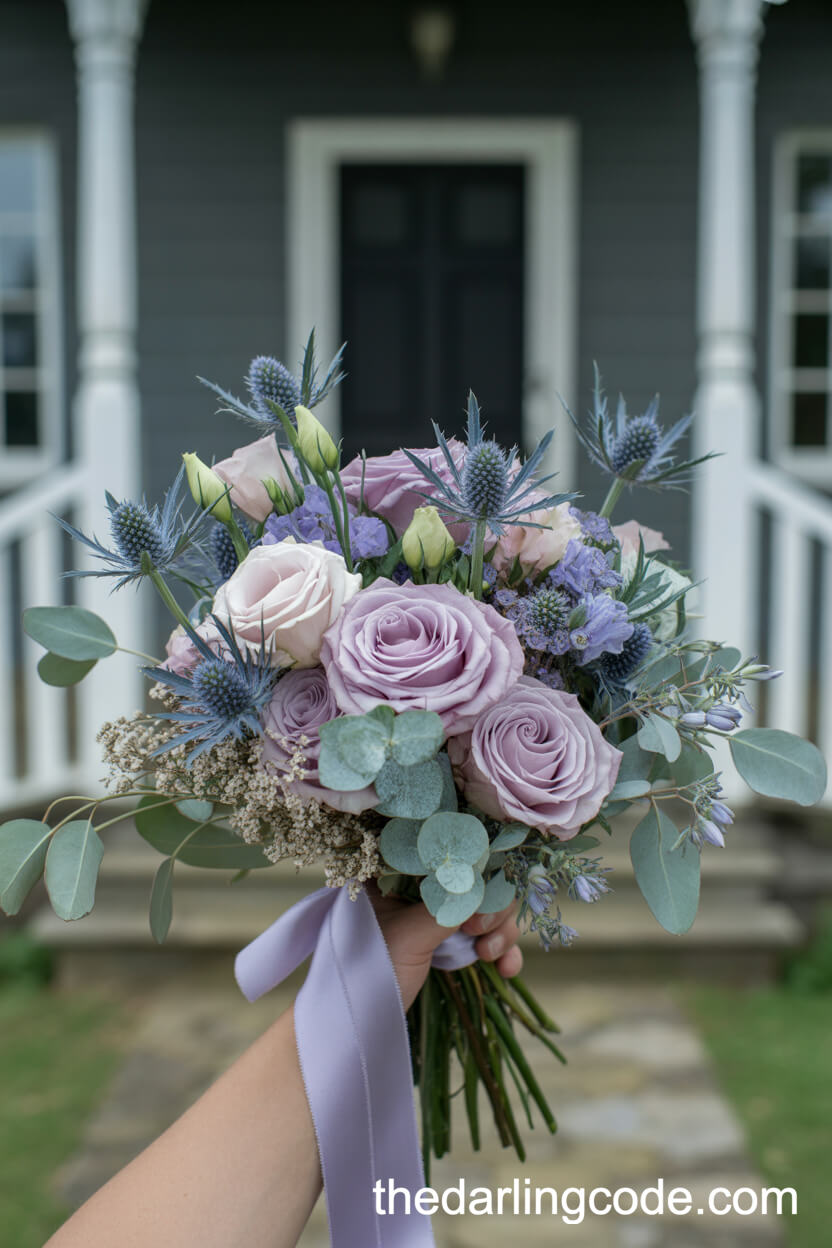 Soft Lavender Rose And Silver Foliage Country Porch Bouquet