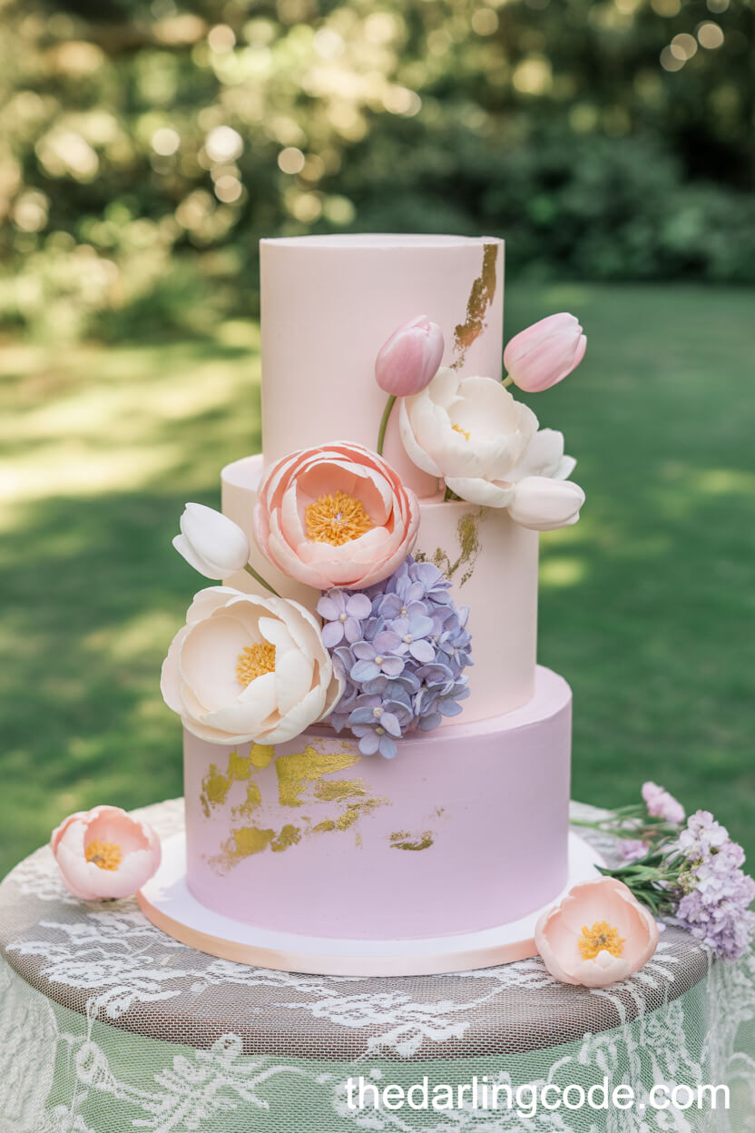 Blush Pink And Lilac Garden-Inspired Cake With Sugar Flowers
