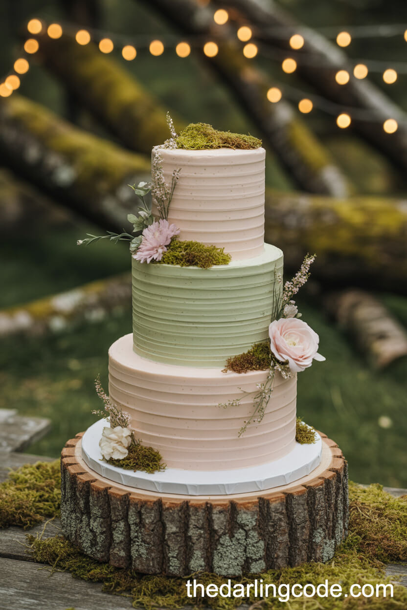 Sage And Blush Textured Cake With Wildflowers And Moss