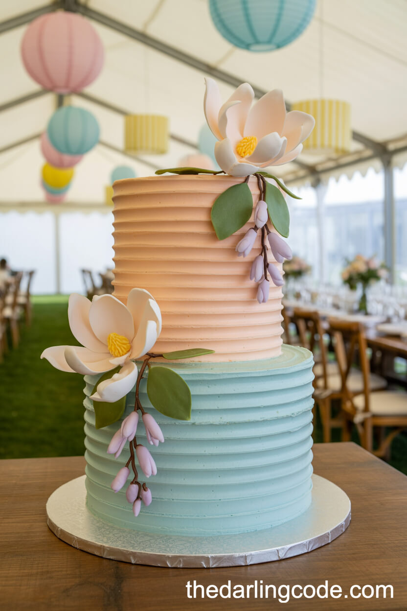 Peach And Baby Blue Buttercream Cake With Sugar Magnolias