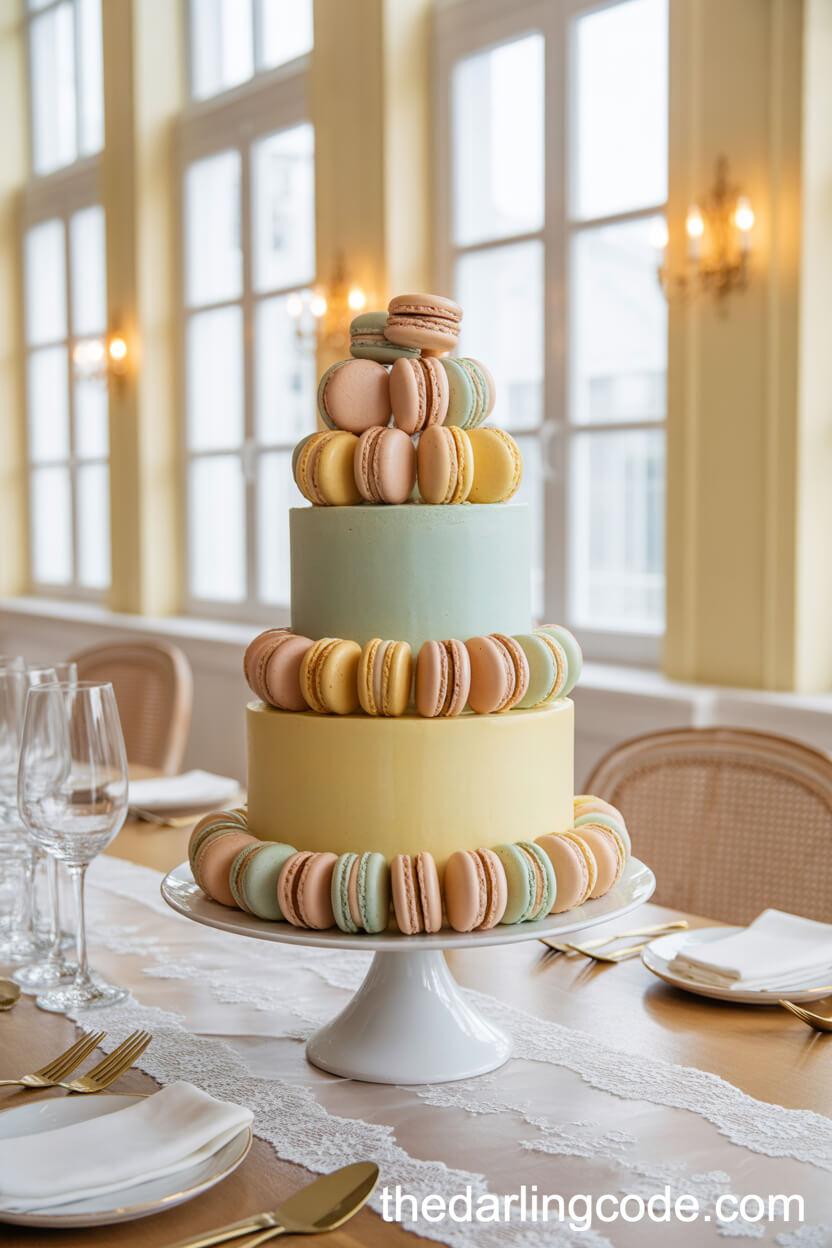 Pastel Macaron-Decorated Cake With Macaron Tower Topper