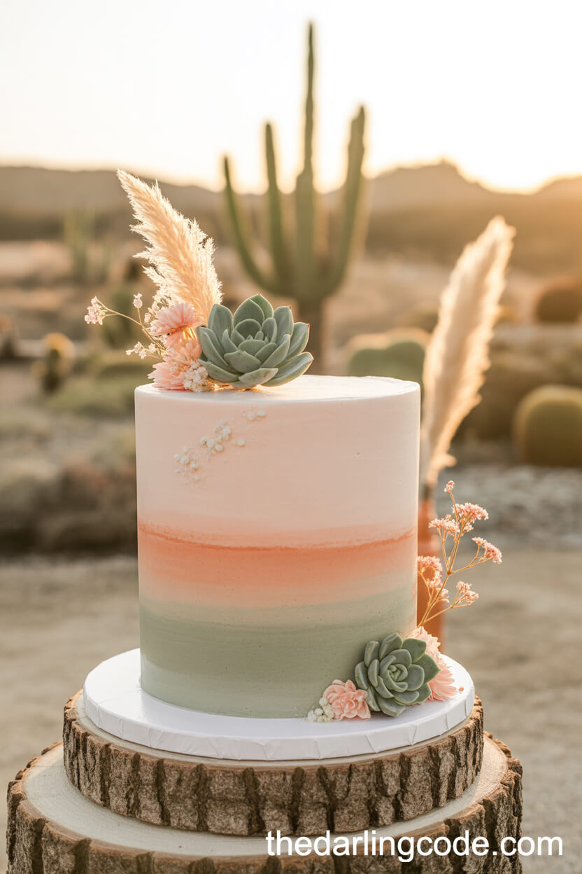 Coral, Blush, And Sage Ombre Cake With Edible Succulents