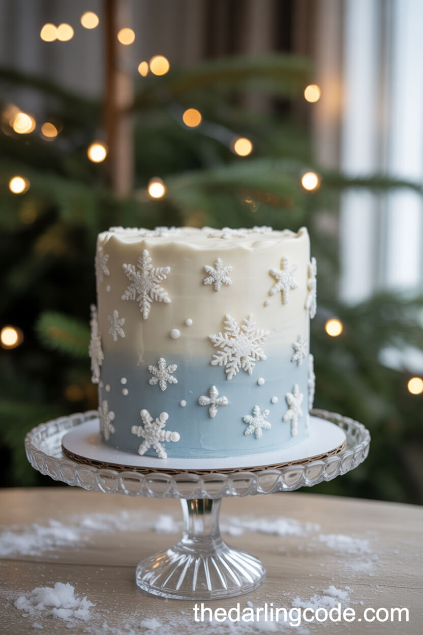Icy Blue And White Cake With Sugar Snowflakes And Frosted Edges