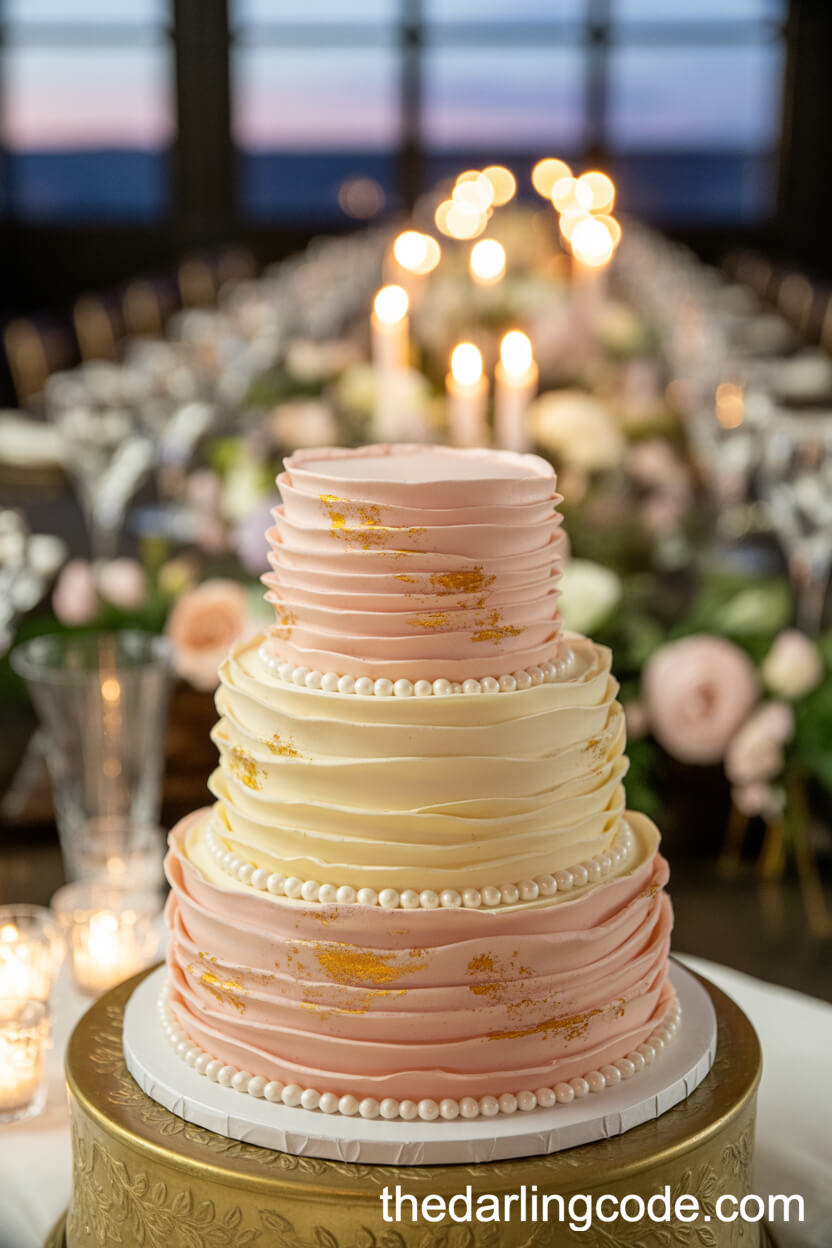 Pink And Cream Ruffle Cake With Sugar Pearls And Gold Detail