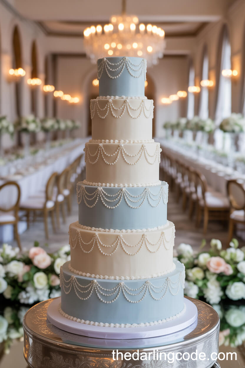 Opulent Five-Tier Blue And Ivory Cake With Lace And Pearls