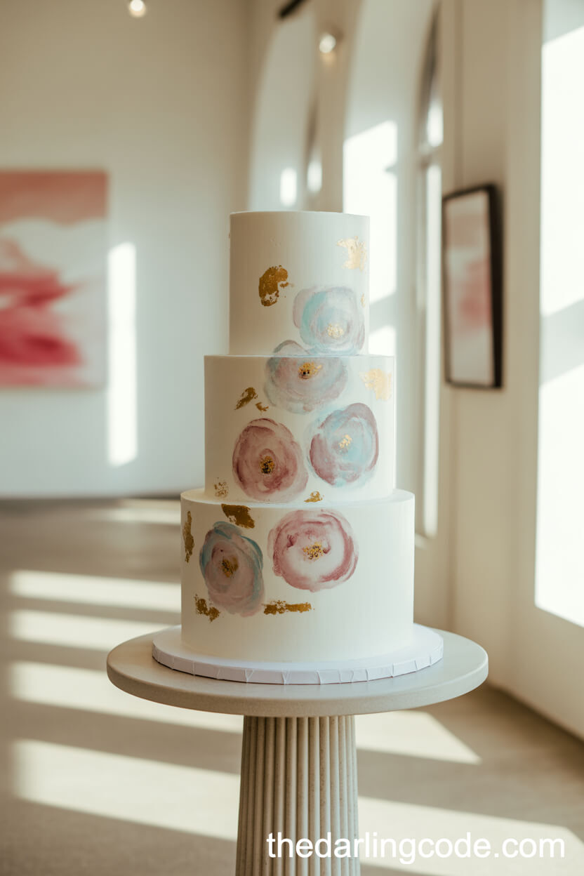 Hand-Painted Pastel Watercolor Floral Cake With Gold Leaf