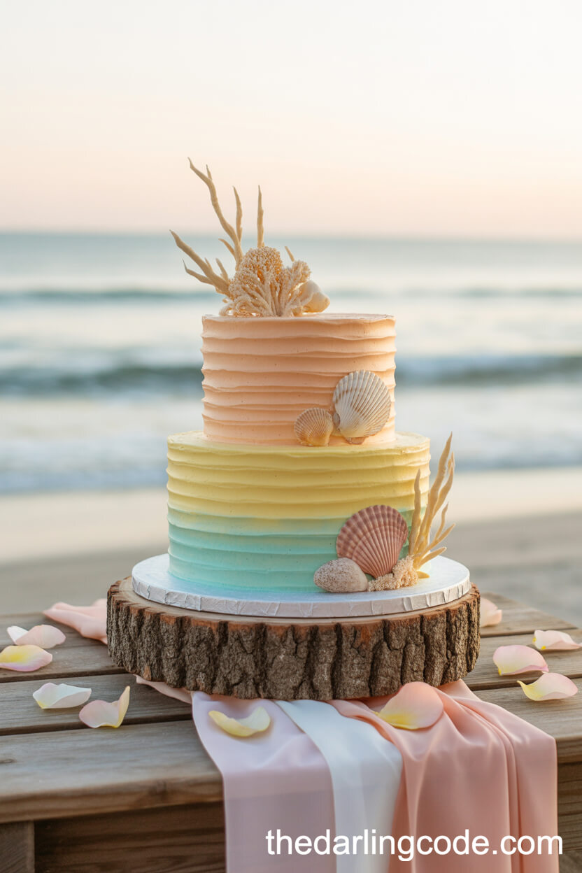 Peach, Yellow, And Aqua Beach Cake With Edible Seashells