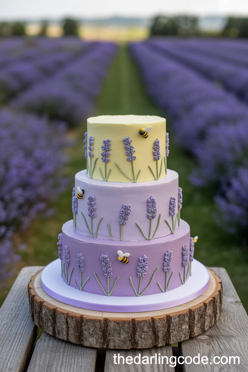 Lavender And Yellow Cake With Sugar Lavender Sprigs And Bees