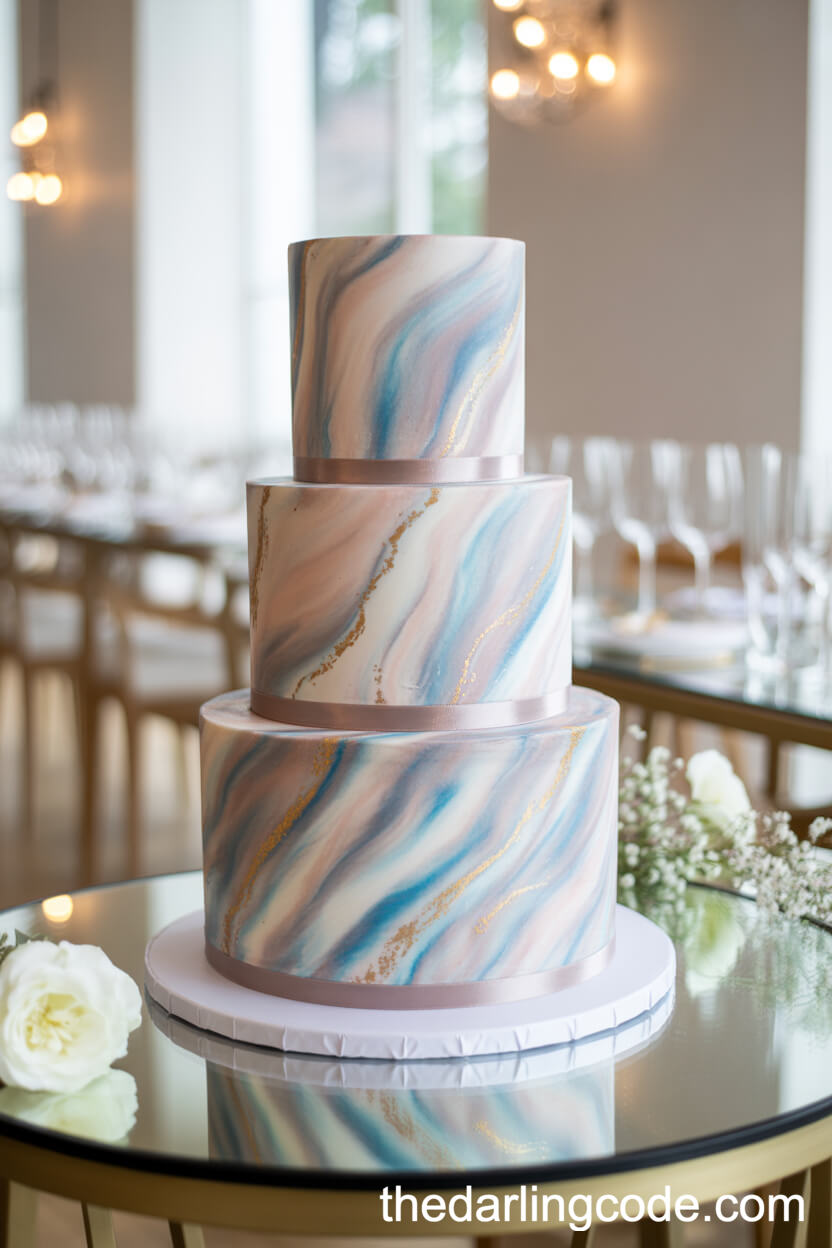 Marble-Effect Cake In Pastel Blues, Blush, And Gold