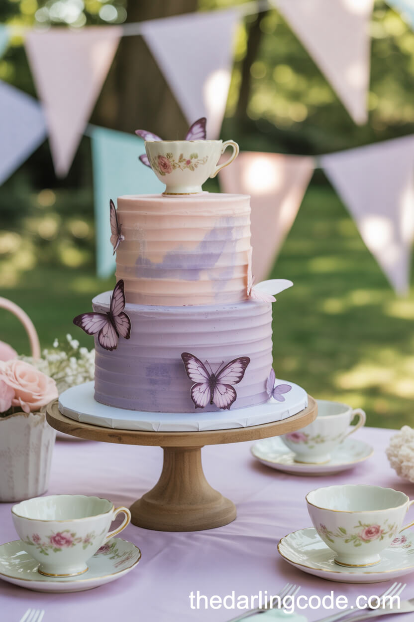Watercolor-Style Lavender And Pink Cake With Butterflies