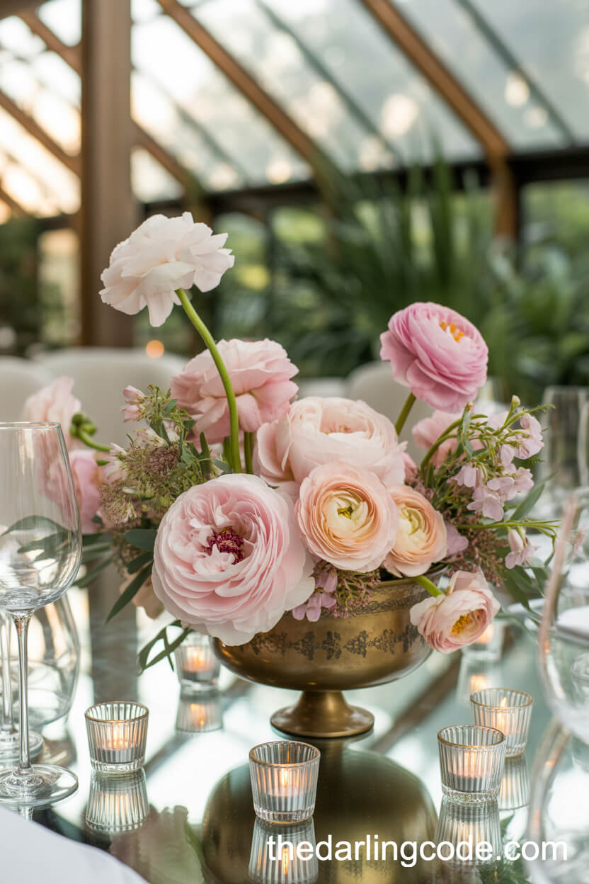 Blush Peonies And Pastel Ranunculus Centerpiece In A Vintage Gold Vase