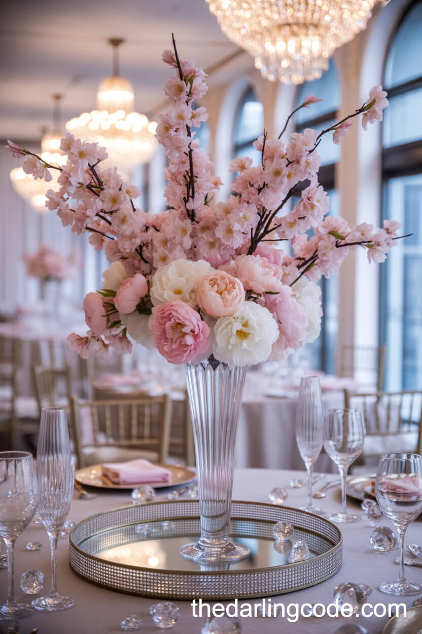 Tall Cherry Blossom And Blush Peony Centerpiece With Sparkling Crystal Details