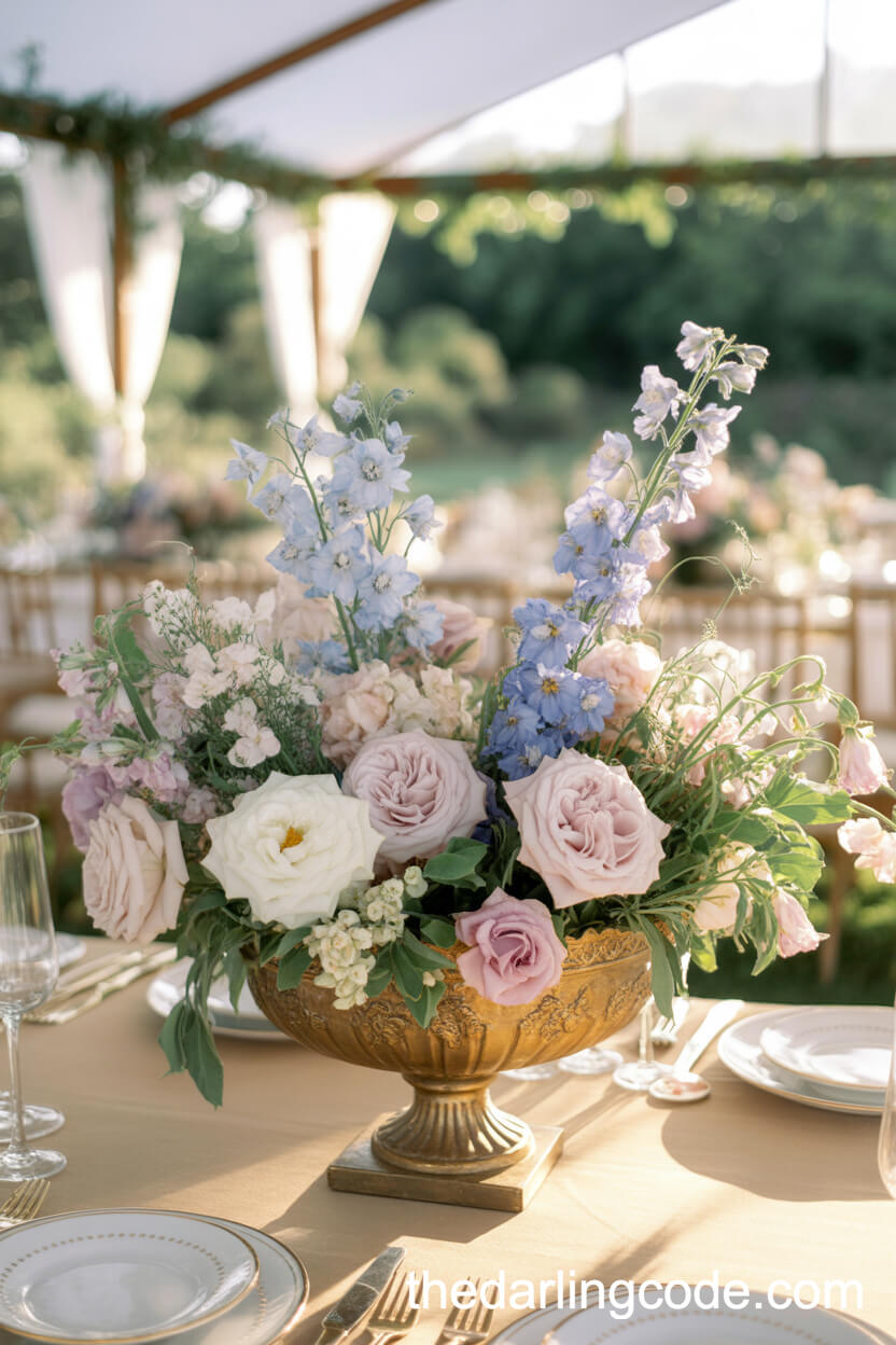 Pastel English Garden Flowers Overflowing From A Baroque Gold Urn