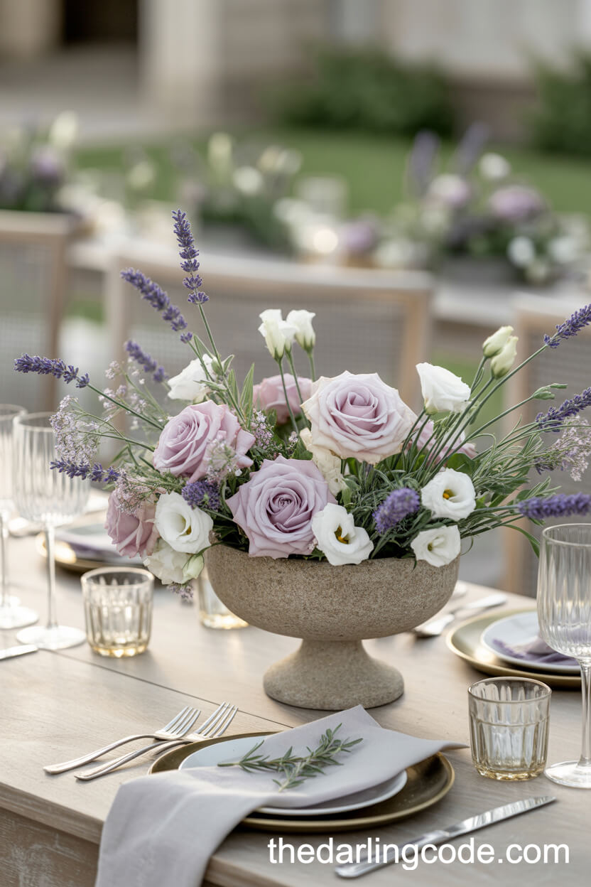 Romantic Lavender, Blush Rose, And Lisianthus Centerpiece In A Stone Compote