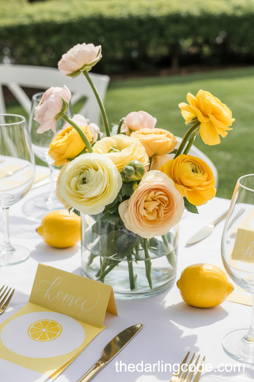 Pastel Yellow Ranunculus And Fresh Lemons Summer Centerpiece
