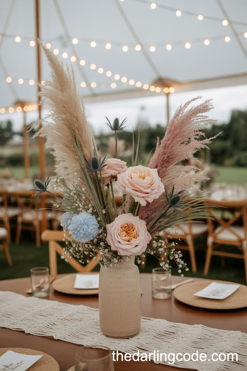 Bohemian Pastel Pampas Grass And Rose Centerpiece In A Tall Ceramic Vase
