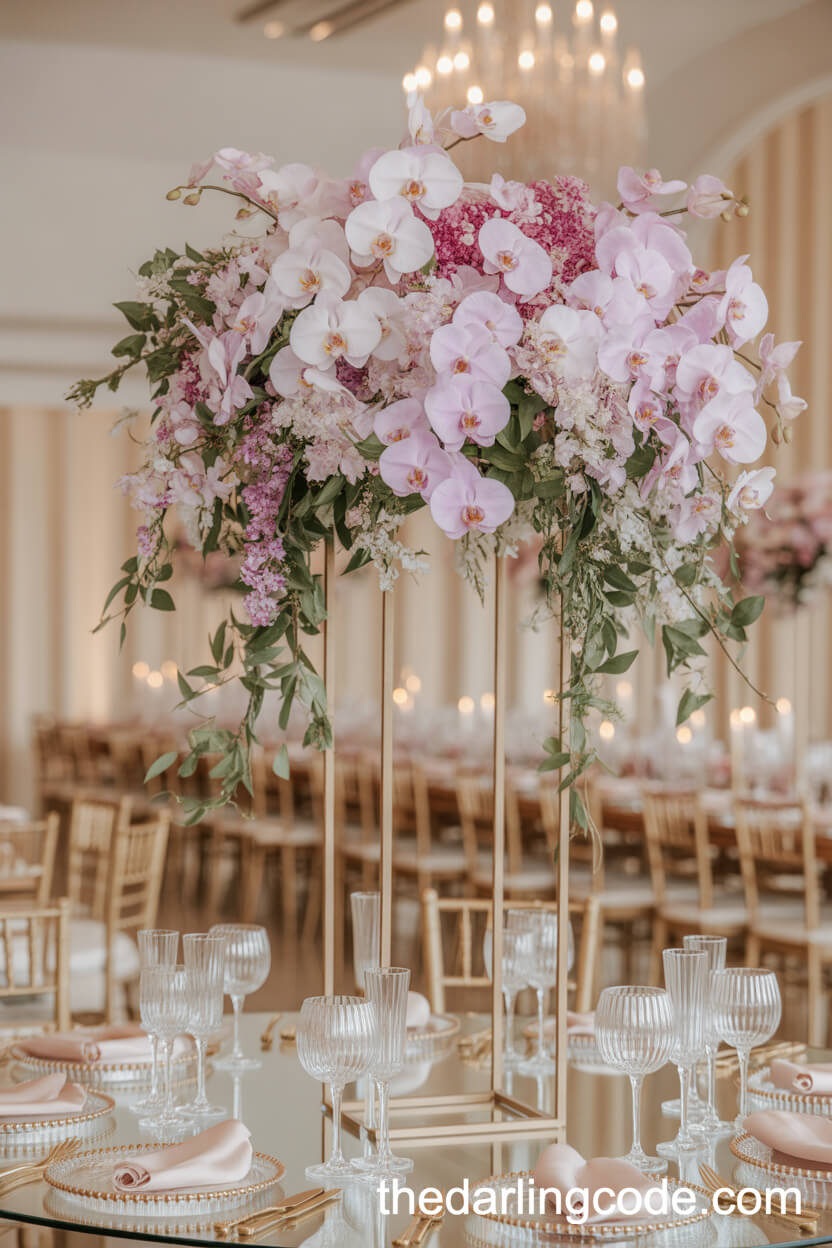Dramatic Pastel Orchid Waterfall Centerpiece On A Tall Gold Stand
