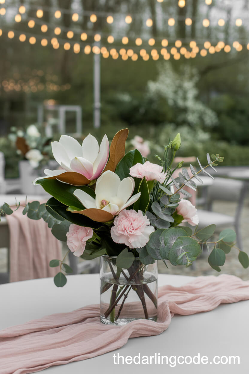 Spring Magnolia Blossom And Blush Carnation Centerpiece In A Glass Cylinder