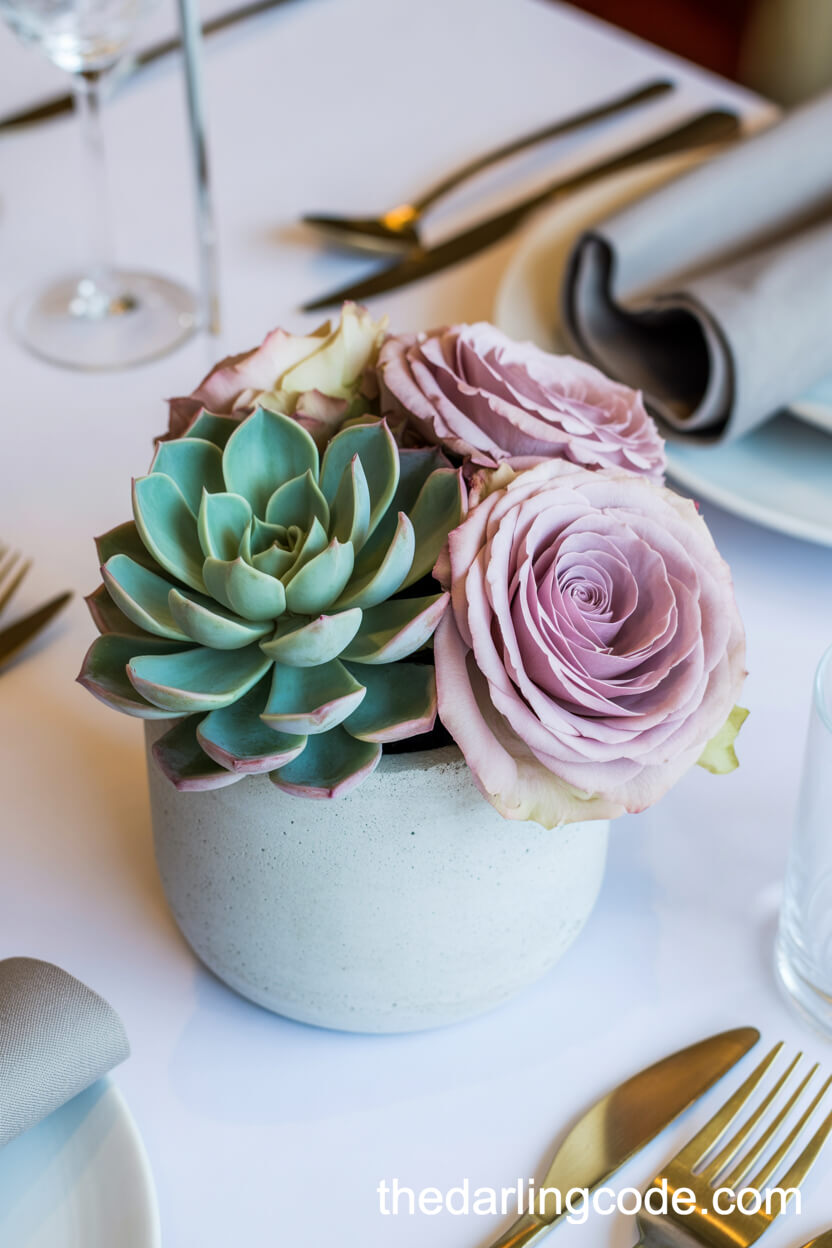 Modern Pastel Succulents And Roses Arrangement In A White Concrete Pot