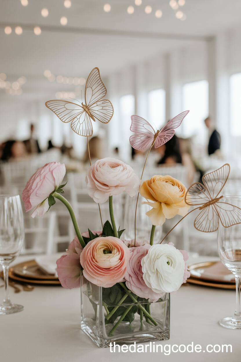 Pastel Butterfly And Garden Rose Centerpiece For A Magical Wedding Table