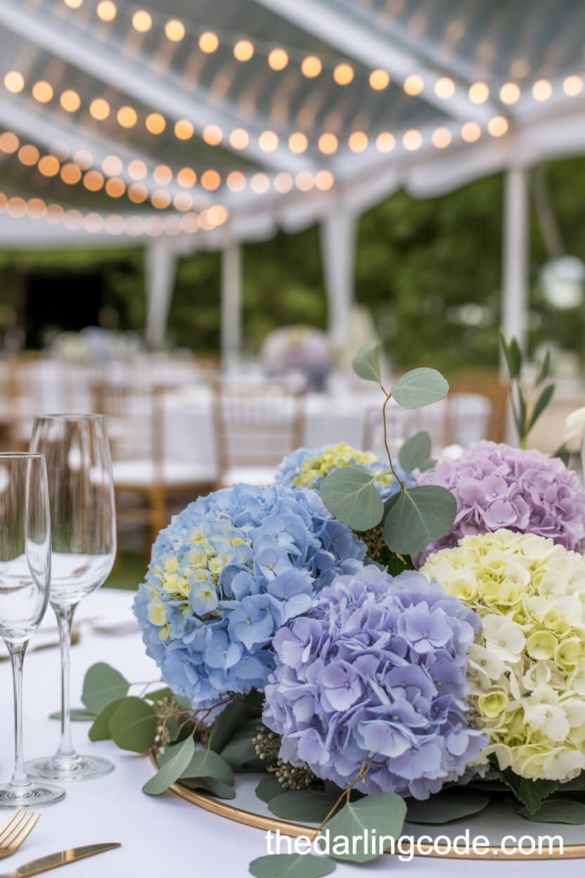 Powder Blue And Lavender Hydrangea Centerpiece For An Elegant Outdoor Reception