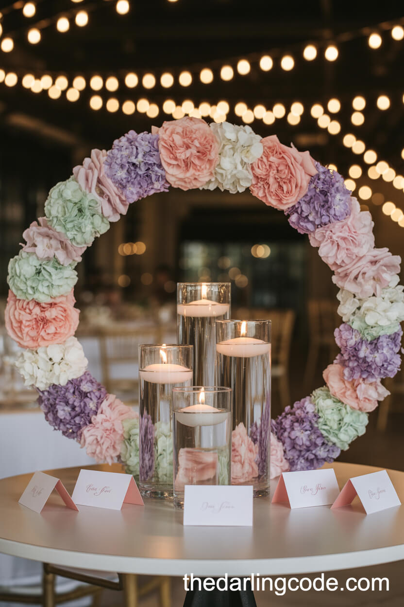 Pastel Flower Wreath And Floating Candle Centerpiece For A Romantic Reception