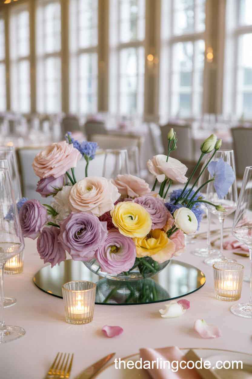 Watercolor-Inspired Pastel Bloom Centerpiece On A Mirrored Base