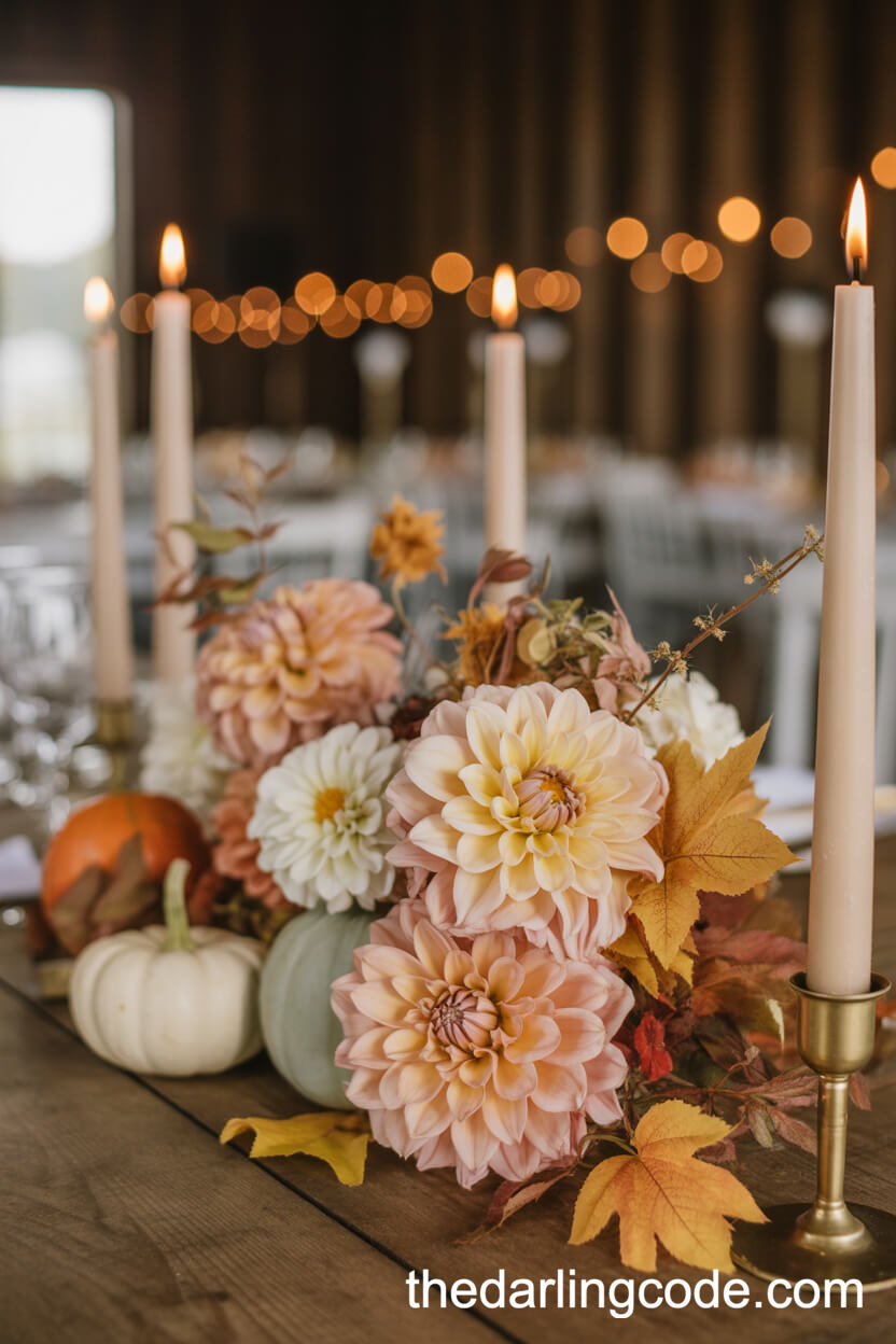 Autumn-Inspired Centerpiece With Peach Dahlias And Pastel Pumpkins