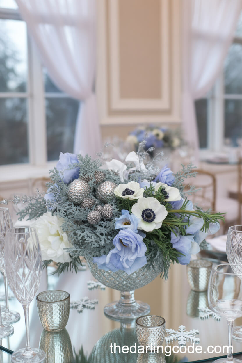Frosted Pastel Blue And White Winter Floral Centerpiece With Crystal Accents
