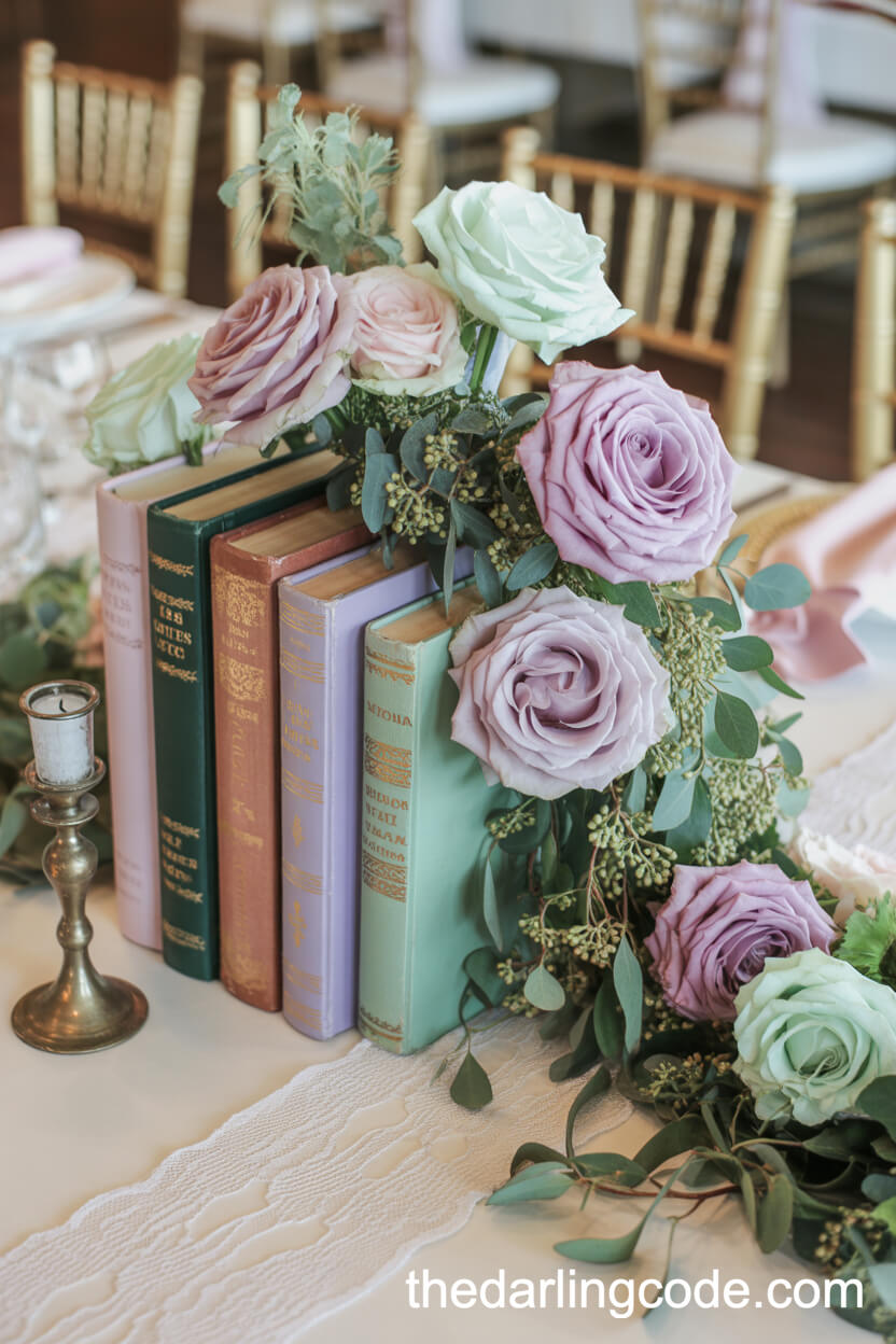 Cascading Pastel Roses And Greenery Centerpiece With Vintage Book Details