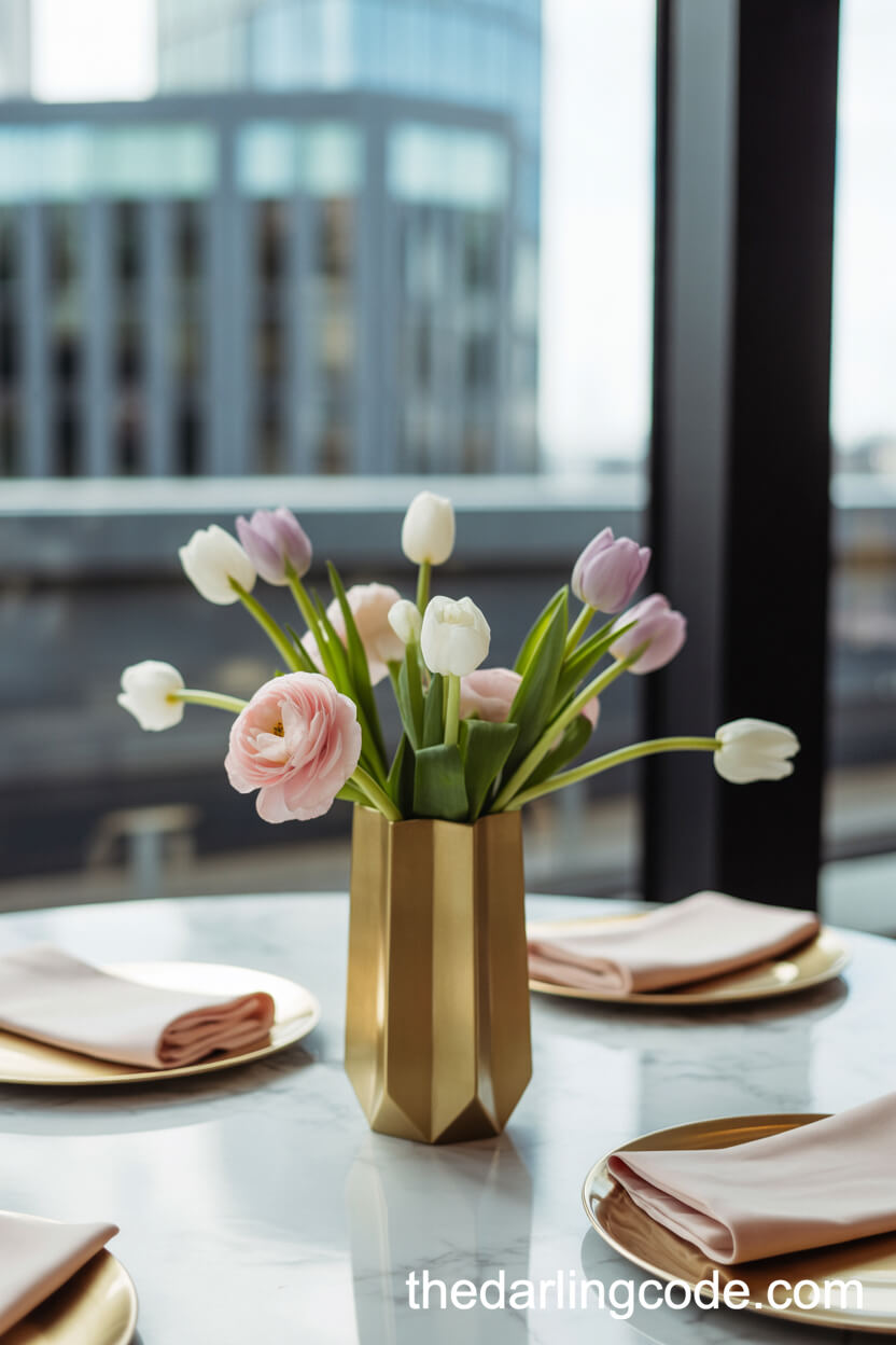 Minimalist Pastel Tulips And Ranunculus Centerpiece In A Geometric Gold Vase