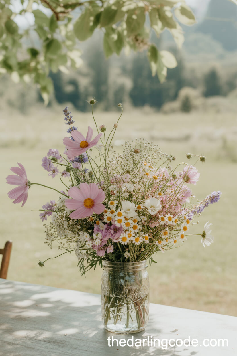 Whimsical Wildflower Pastel Centerpiece In A Rustic Mason Jar