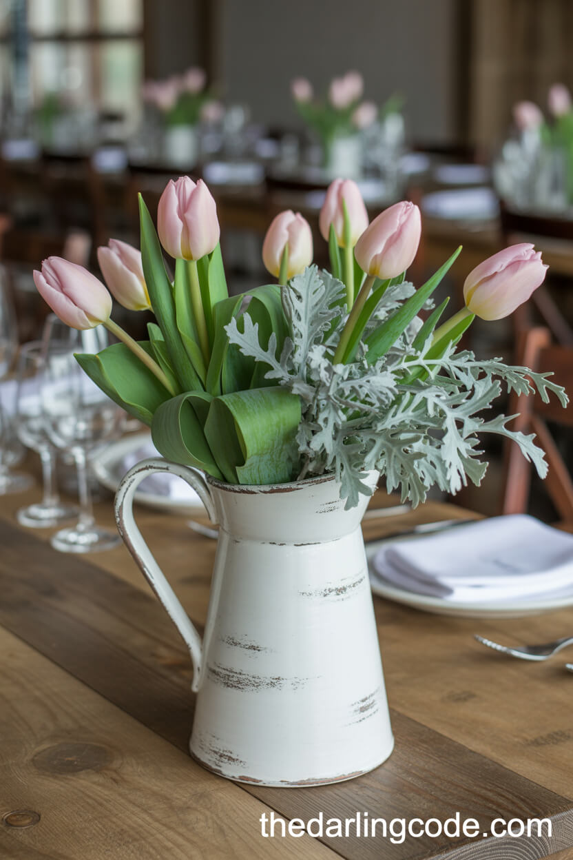 Blush Pink Tulips And Dusty Miller Centerpiece In A Distressed Ceramic Pitcher