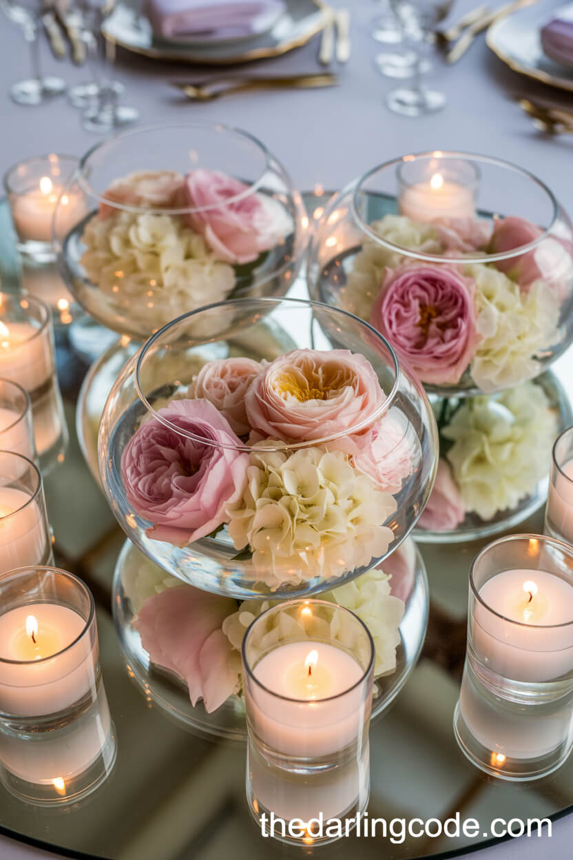 Floating Pastel Flower Heads And Candles Centerpiece In Glass Bowls