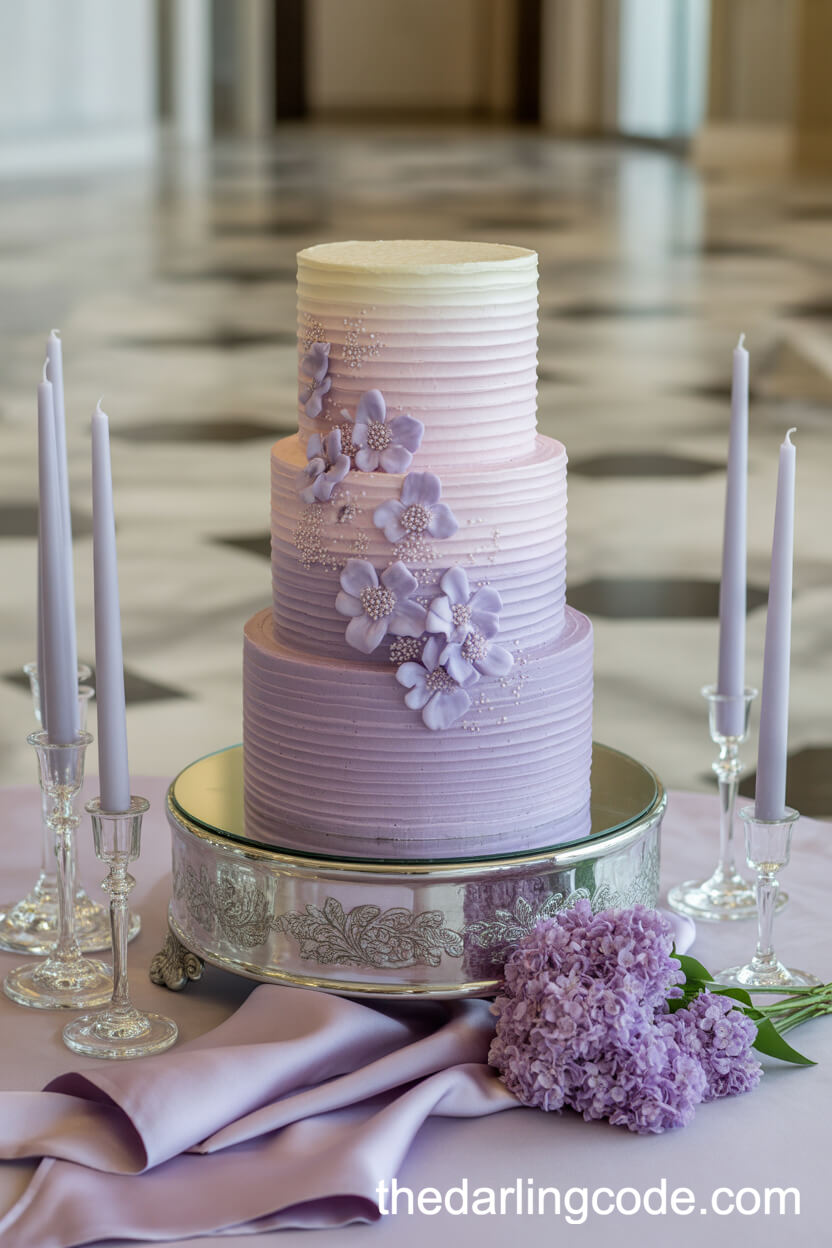 Pastel Lilac Ombré Wedding Cake And Elegant Reception Decor