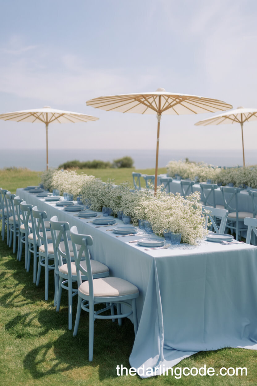 Baby Blue Pastel Colors At A Sunlit Outdoor Wedding Breakfast