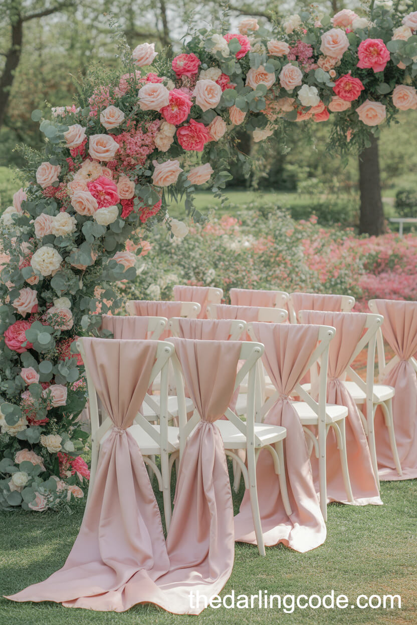 Vibrant Blush Pink Pastel Wedding Arch And Chairs In A Romantic Spring Garden