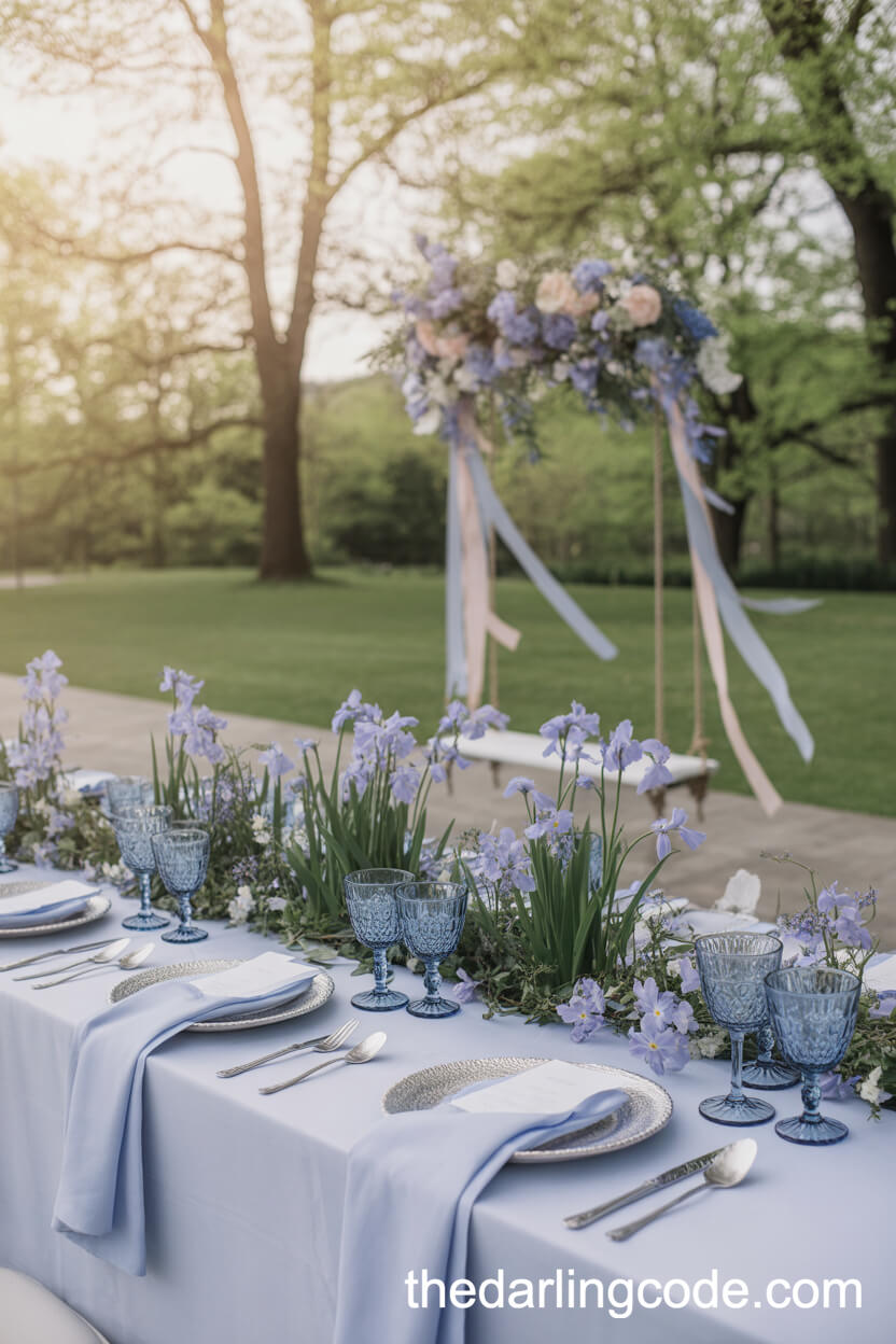Periwinkle Blue And Pastel Purple Themes In A Whimsical Outdoor Reception