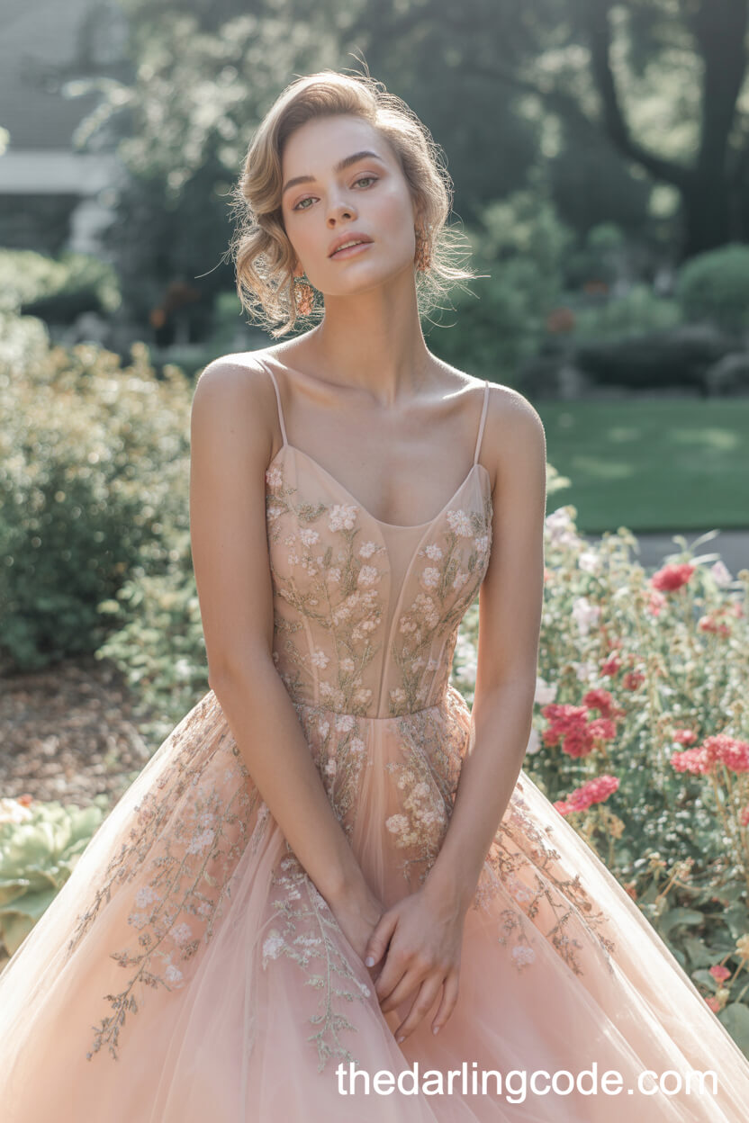 Blush Pink Ballgown Wedding Dress With Floral Embroidery